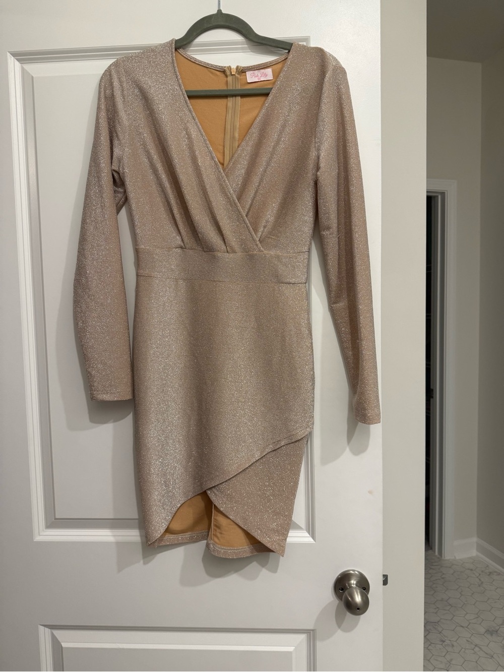 Pink Lily Shimmery Champagne Asymmetrical Wrap Mini Dress